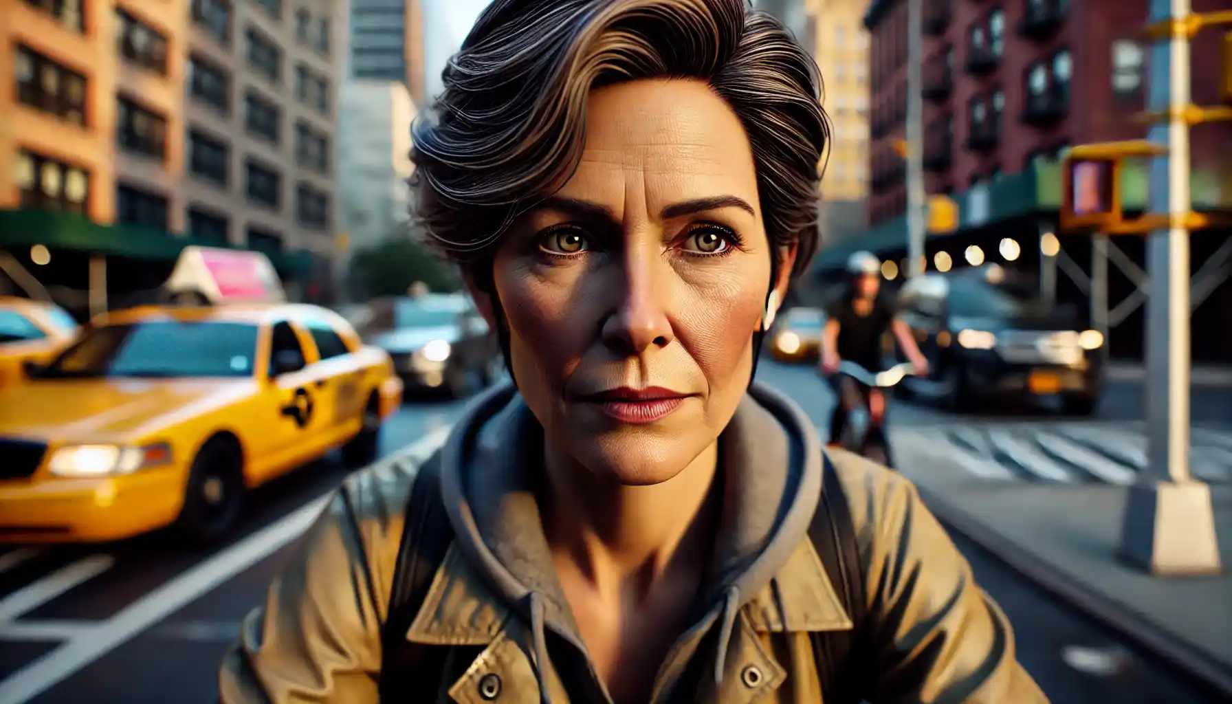 close-up image of a middle-aged woman riding a bicycle through the streets of New York City