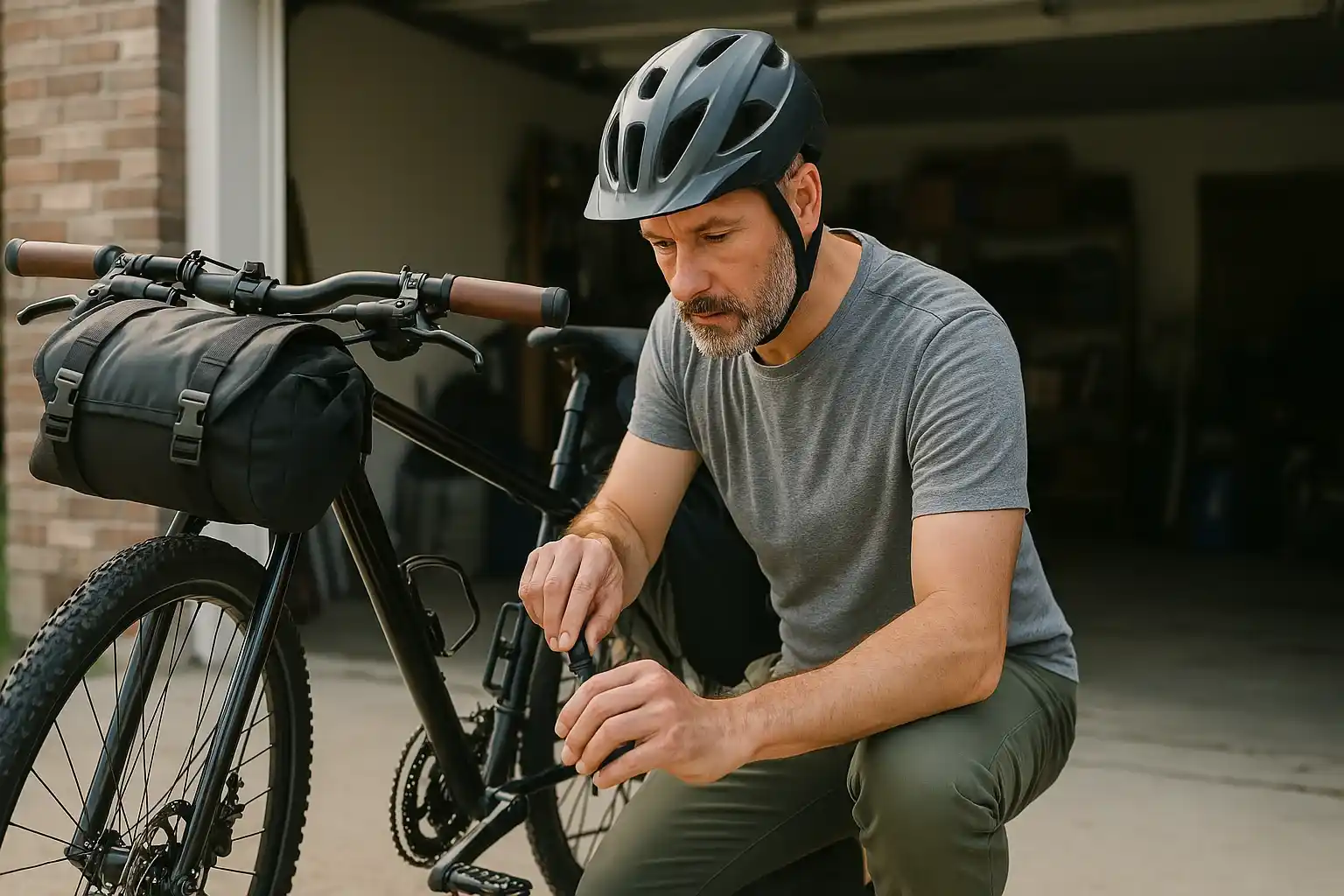 A middle-aged man in a helmet carefully inspects and adjusts his bicycle before a ride.