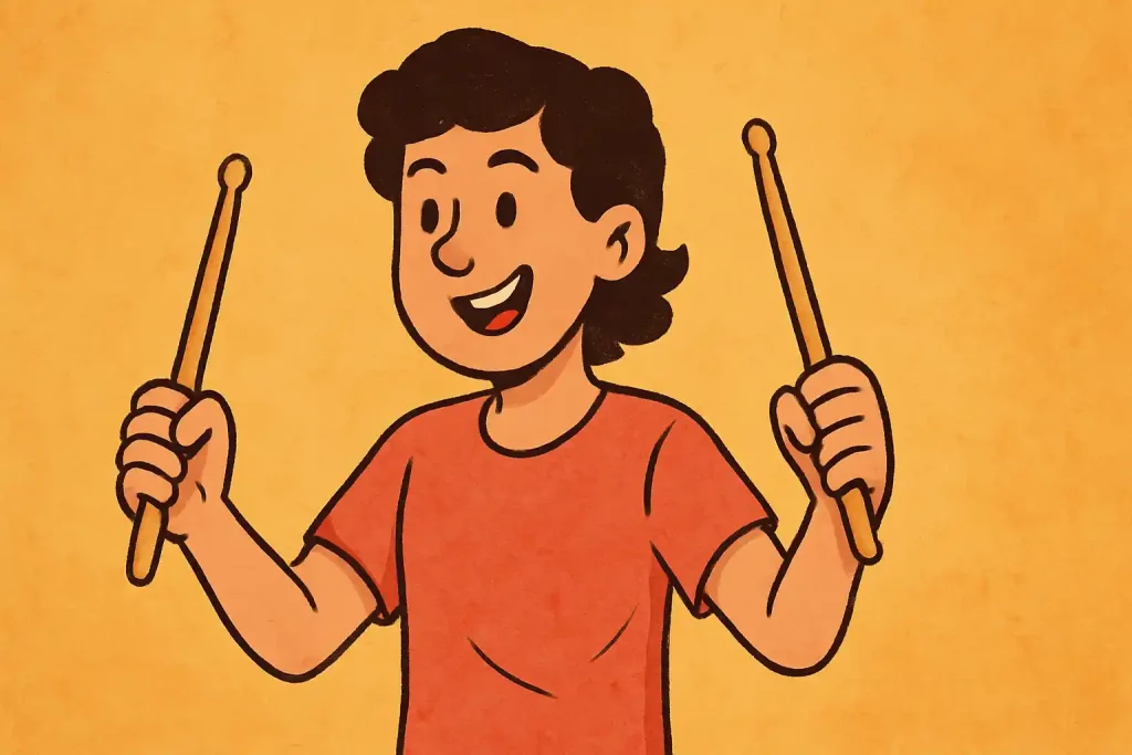 A smiling person with dark hair wearing an orange-red shirt, holding a pair of wooden drumsticks in both hands against a textured orange background.