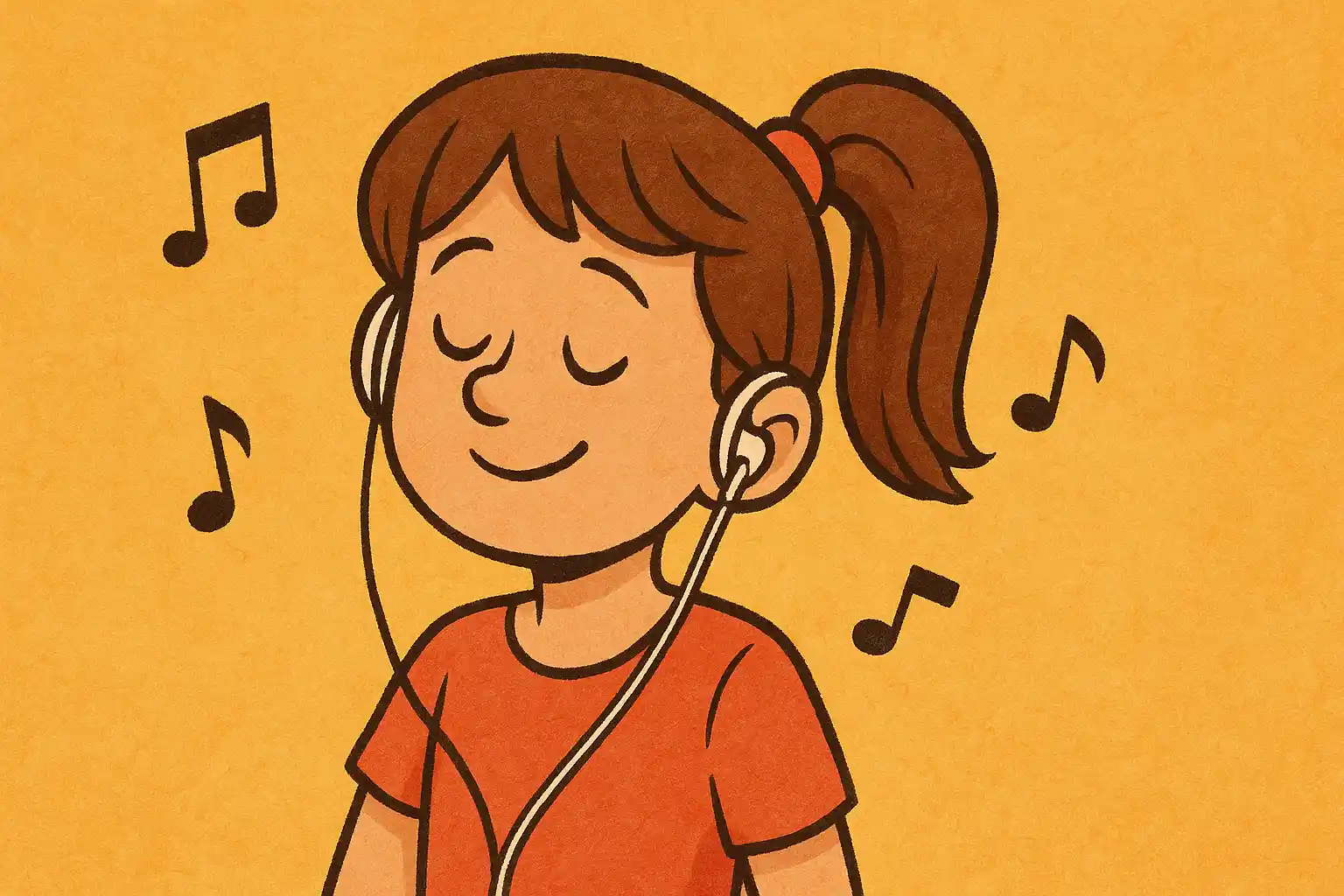 A smiling girl with brown hair in a ponytail, wearing earphones and listening to music.